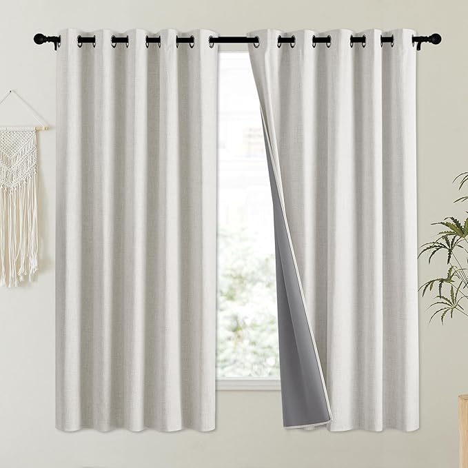 NICETOWN Snowbound Vintage Linen 100% Blackout Curtains for Kitchen, Thermal Insulated Curtains 63" Long, Noise Reducing Window Treatment Drapes for Dorm Room, 62" Wide Per Panel, Set of 2