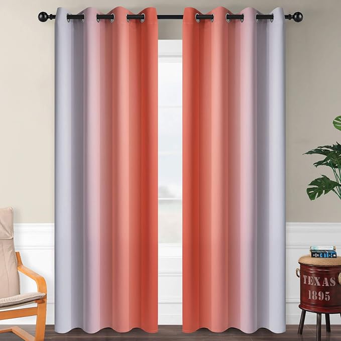 SimpleHome Ombre Room Darkening Curtains for Living Room, Light Blocking Gradient Coral to Greyish White Thermal Insulated Grommet Window Curtains/Drapes for Bedroom, 2 Panels, 52x84 inches Length