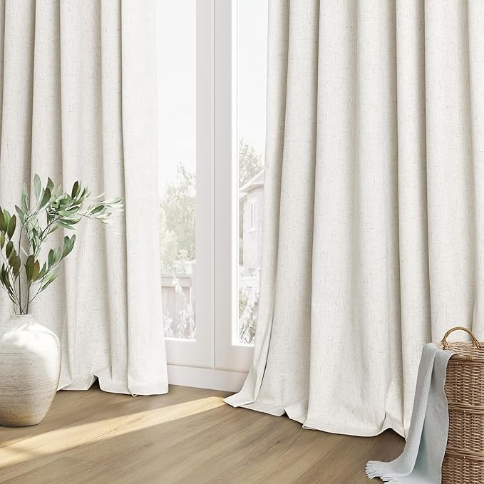 Guken Cream 100% Blackout Cream Linen Curtains 52 Inch Wide by 146 Inch 2 Panels Set for Living Room Bedroom Back Tab Thermal Insulated Black Out Drapes Room Darkening Window Curtains