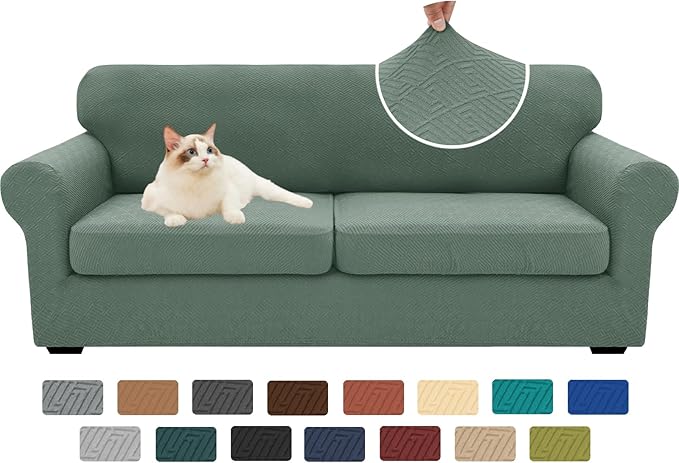 XINEAGE New 3 Pieces Couch Covers for 2 Extra Large Cushion Sofa Super Stretch Sofa Cover for 2 Large Seat Universal Loveseat Slip Cover for Living Room (Pea Green), 71"-91"(2 Cushions)