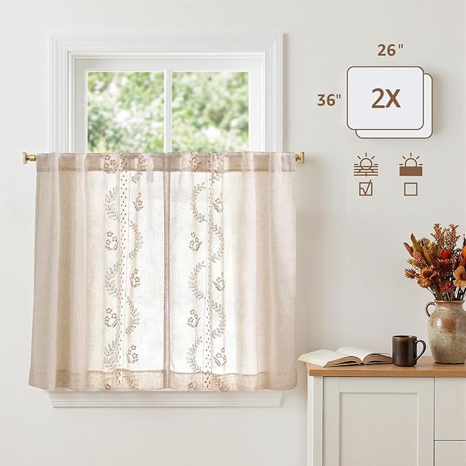 jinchan Belrose Linen Floral Kitchen Curtains 36 inch Length Embroidered Farmhouse Cafe Curtains for Living Room Bathroom Small Windows Curtain Set Sheer Light Filtering 2 Panels Beige