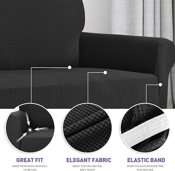 ZNSAYOTX Super Stretch Couch Cover Love Seat Sofa Covers for Living Room Dogs Pet Friendly Furniture Protector Spandex Loveseat Slipcovers with Anti Slip Foam Sticks (Black, Loveseat)
