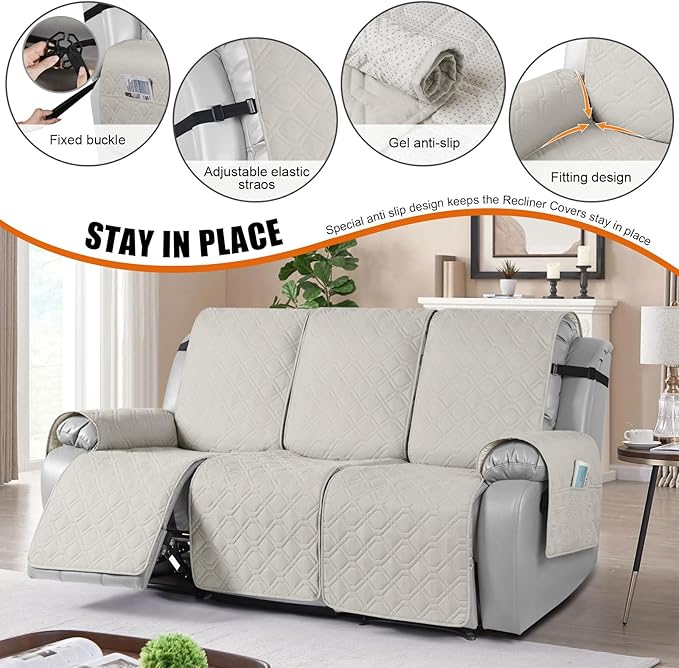 VANSOFY Waterproof Recliner Couch Covers, Sofa Covers Non-Slip 1-Piece Washable Reclining Sofa Cover Furniture Protector with Elastic Straps Pocket for Dogs, Pets(Beige,3 Seater)