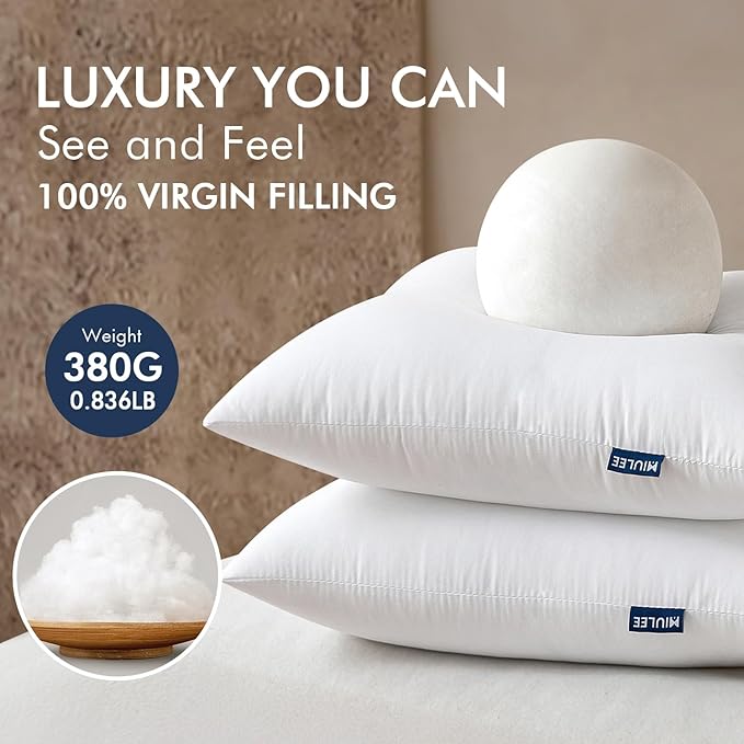 MIULEE Throw Pillows Inserts, Pack of 2 16x16 Inch 100% Virgin Fiber Filling Bed Couch Pillows