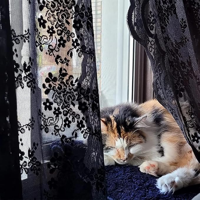 YJ YANJUN Vintage Lace Curtains 108 Inches Long- Victorian Floral Pattern Black Sheer Curtain Panels for Living Room Bedroom,Light Filtering, Gothic Witchy Halloween Drapes 2 Panels 52W x 108L