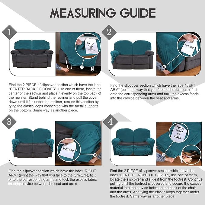 ULTICOR Reclining Love Seat Slipcover, 48" - 65" L, 6-Piece Velvet Stretch Loveseat Reclining Sofa Covers, 2 seat Love seat Recliner Cover, Thick, Soft, Washable (Deep Teel)