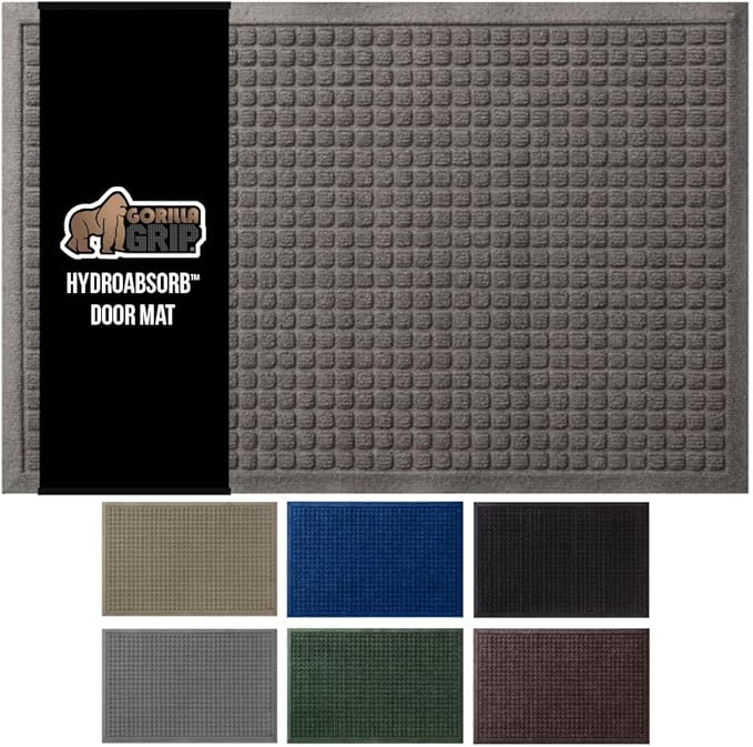 GORILLA GRIP® Ultra Absorbent Front Door Mat Outside Entrance, Traps Dirt and Moisture, HydroABSORB Indoor Outdoor Doormat Holds 1.7 Cups Water, Stain and Fade Resistant Welcome Mat, 29x17 Charcoal