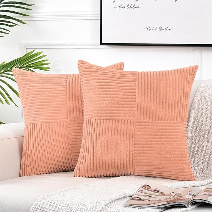 Fancy Homi 2 Packs Peach Samll Decorative Throw Pillow Covers 12x12 Inch with for Couch Bed Sofa, Rustic Farmhouse Boho Home Decor, Soft Corss Patchwork Corduroy Cute Square Cushion Case 30x30 cm