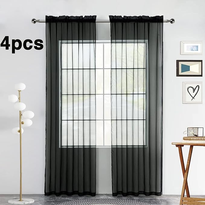 SpaceDresser Black Sheer Curtains 4 Panels Rod Pocket Semi-Sheer Curtain 96 Inches Long Light Filtering Voile Window Drapes for Bedroom Living Room Kitchen, Each 52W x 96L