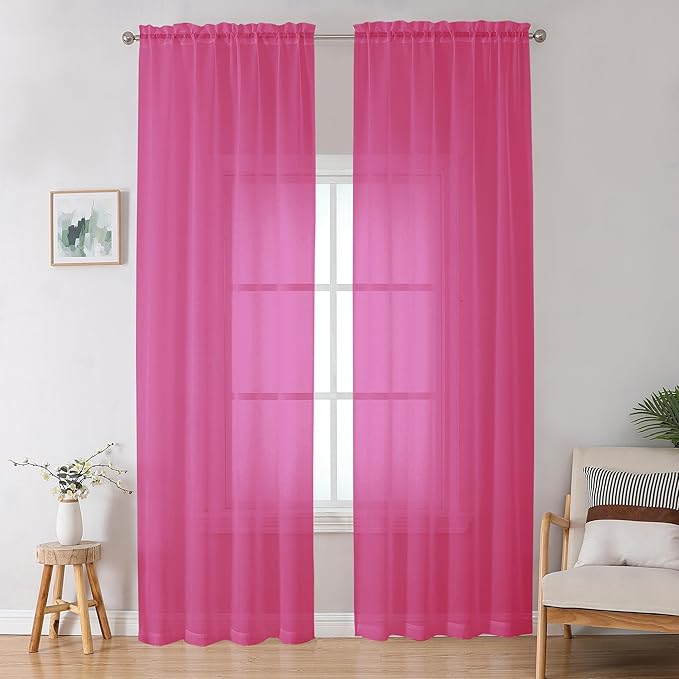 OWENIE Hot Pink Sheer Curtains for Bedroom Living Room 96 Inches Long 2 Panels Set, Soft Solid Light Filtering Clear Sheer Ceiling to Floor for Large Window, 2Pcs, Each 42" W x 96" L, Hot Pink