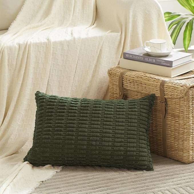 Fancy Homi 4 Packs Boho Olive Green Decorative Throw Pillow Covers 14x24 Inch for Couch Bed Sofa, Rustic Modern Farmhouse Home Decor, Soft Plush Corduroy Cute Square Cushion Case 35x60 cm