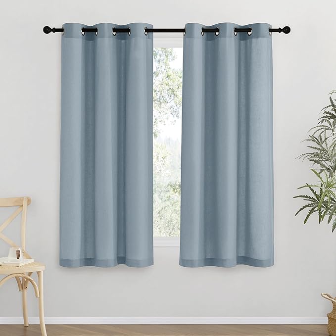 NICETOWN Thick Linen Blend Curtains Flax Textured for Bedroom, Rustic Grommet Semi Sheer Privacy Added Window Curtains & Drapes Light Filtering for Nursery, Stone Blue, W42 x L63, Set of 2