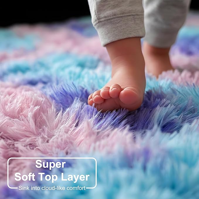 Amdrebio Purple Rainbow Round Rug 6Ft for Bedroom Girls Room Decor, Mermaid Stitch Frozen Kids Rugs for Playroom Nursery Classroom, Fluffy Fuzzy Cute Shag Carpet, Plush Circle Area Rugs for Princess