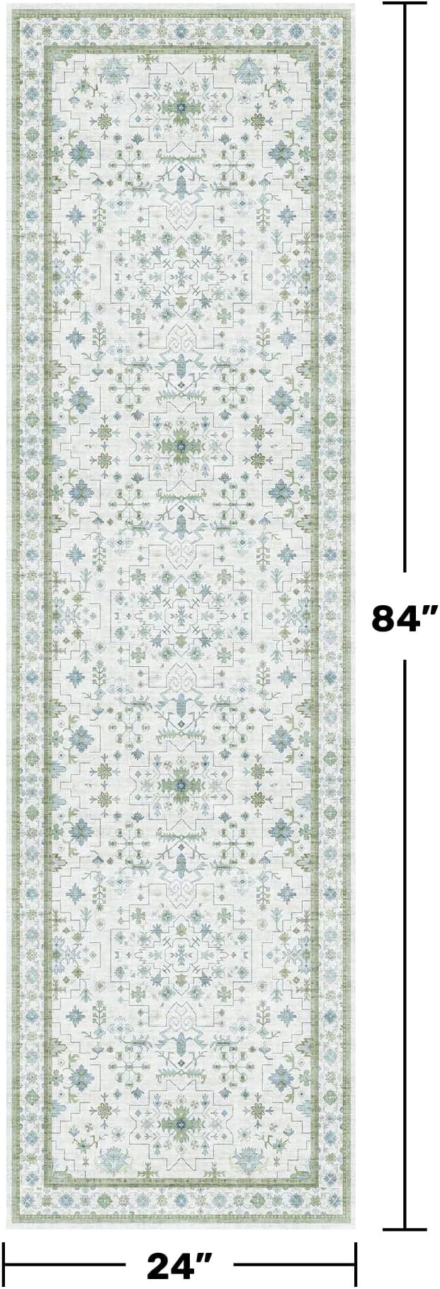 Hazo Haus Boho Bathroom Runner 2x7 - Cream Green Oushak Floral Turkish, Washable Low Pile Non Slip Stain Resistant Small Accent Rug for Kitchen, Hallway