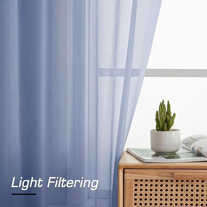 Simplebrand Denim Sheer Curtains 96 Inches Long, Light Filtering Rod Pocket Solid Color Window Sheer Curtain Panels, Elegant Curtains & Drapes for Living Room, Bedroom 2 Panels (Denim, 42" W x 96" L)