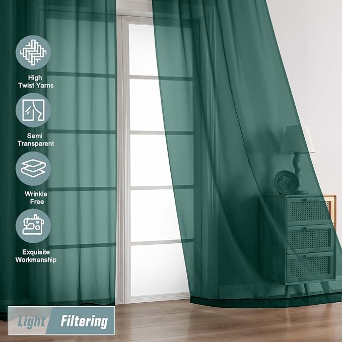 Green Sheer Curtains 90 Inches Long 2 Panels, Light Filtering Solid Sheer Curtains for Christmas, Lightweight Soft Airy Voile Sheer Drapes, Dual Rod Pocket, Hunter Green, 2x42Wx90L Inches