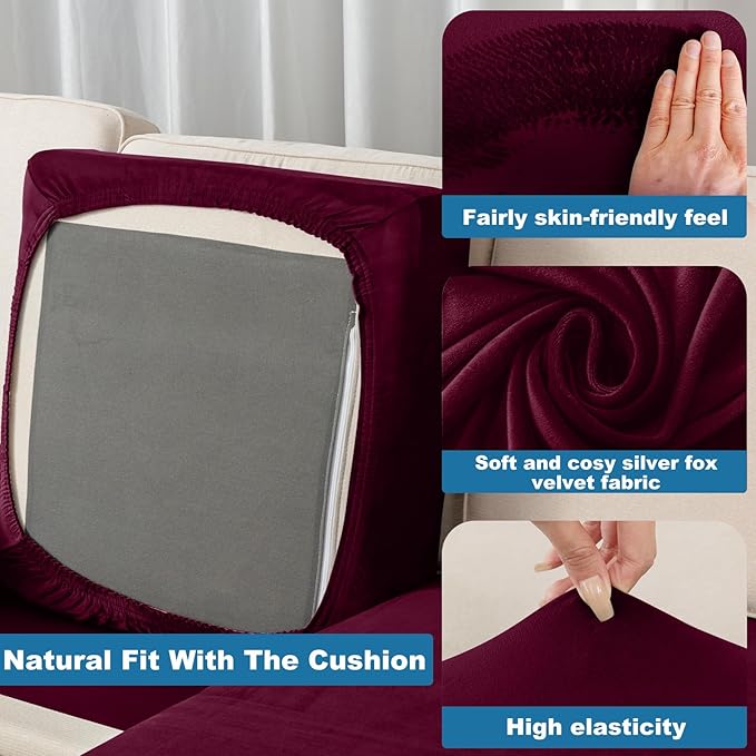 Couch Cover Velvet Chaise Cushion Cover for Sectional Sofas - Elastic L-Shaped Sofa Seat Covers Washable, Slipcover Protector (1-Piece, Wine)