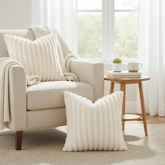 decorUhome Summer Cozy Faux Fur Throw Pillow Covers 20x20 Set of 2 Decorative Soft Plush Striped Modern Farmhouse Boho Couch Pillow Cases with Velvet Back for Sofa Bed Living Room, Cream White