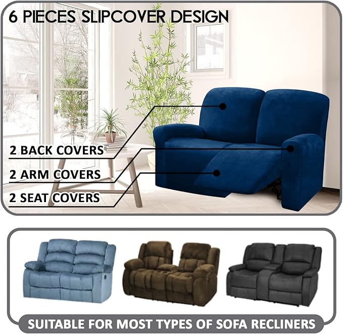 ULTICOR Reclining Love Seat Slipcover, 48" - 65" L, 6-Piece Velvet Stretch Loveseat Recliner Cover, 2 Seat Reclining Sofa Cover, Thick, Soft, Washable, Navy