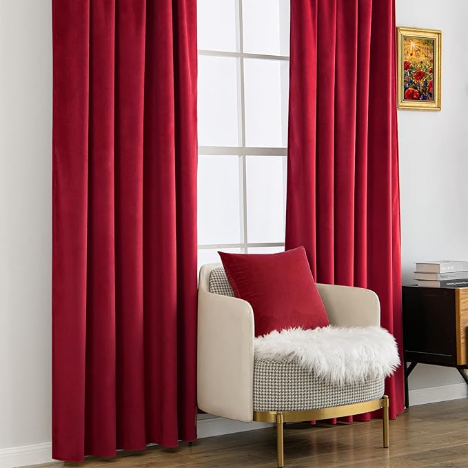MIULEE Velvet Curtains 108 inches Long - Luxury Blackout Curtains for Bedroom Living Room Thermal Insulated Super Soft Window Drapes Rod Pocket & Back Tab Christmas Decor, Red, 2 Panels