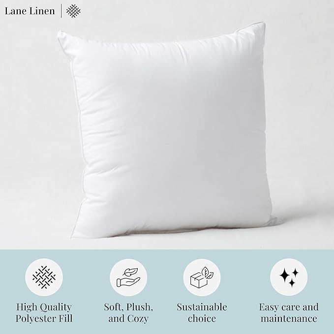 LANE LINEN Throw Pillow Inserts 18" x 18" - Set of 8 White Down Alternative Pillows for Bed, Sofa, and Couch - Fluffy Decorative Stuffer Pillow for Indoors
