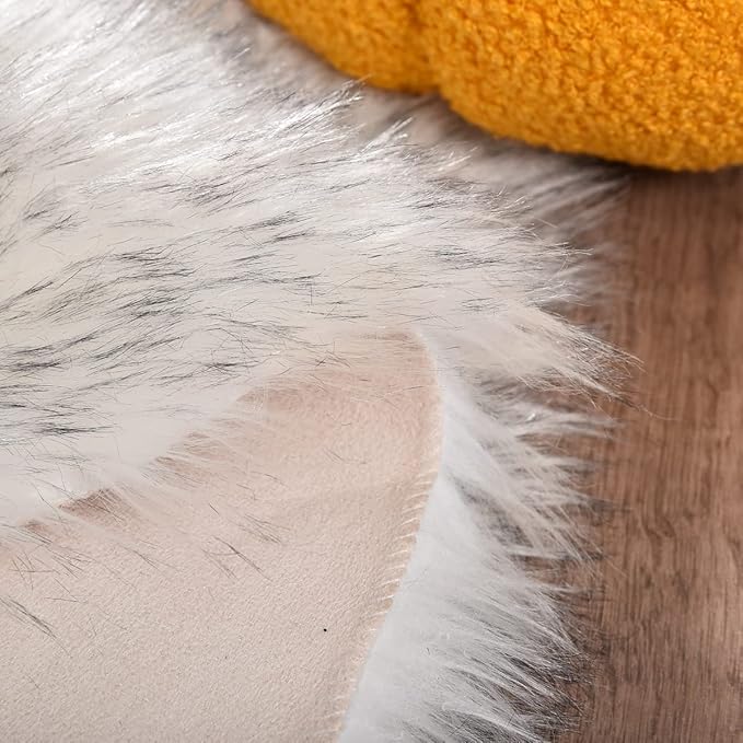 ORINOVA White and Grey Shaggy Round Rugs 6.6ft Large Circle Washable Faux Sheepskin Furry Fur Rugs for Bedroom Living Room Nursery Rug Home Décor