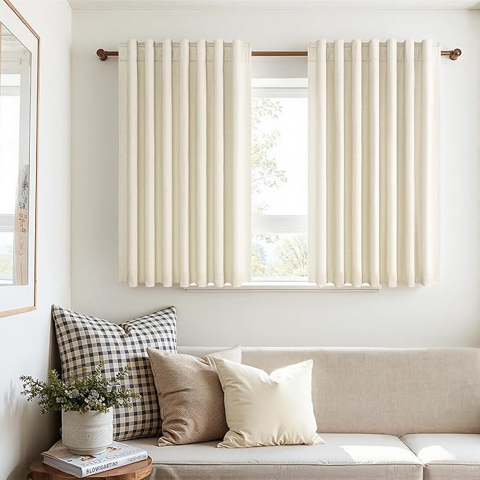 Topfinel 45 Inches Long Linen Blackout Curtains Tiers for Small Window 2 Panels Set Cream White Ivory Linen Short Drapes for Kitchen Bathroom Curtain Hook Belt Pleated Back Tab (W52 xL45)
