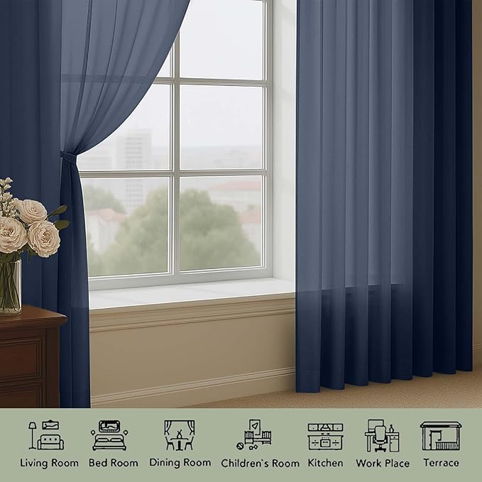 OWENIE Navy Blue Sheer Curtain 90 Inches Long 2 Panels Set, Solid Filmy Drapes for Living Room Bedroom, Elegant Window Voile Sheer Curtain Panels Drapes, 2 Pcs, Each 59" Wx90 L Inch