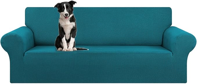 KEKUOU Stretch Oversized Sofa Slipcover 1 Piece Couch Sofa Cover (94"-110") Furniture Protector 4 Seater Sofa with Elastic Bottom for Kids,Pet.Jacquard Checked Pattern Fabric(X Large,Peacock Blue)