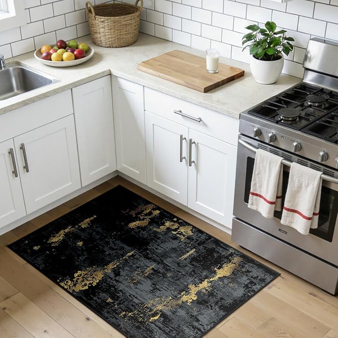 Washable Area Rugs 3x4 Non-Slip Modern Abstract Soft for Living Room Entryway Bedroom Nursery, Print Pattern, Dark Black Gold