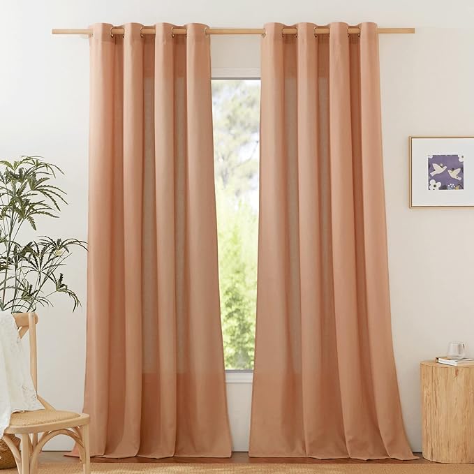 NICETOWN Linen Flax Semi Sheer Curtains 94" Length, Grommet Window Treatments Privacy Added with Light Penetration Vertical Drapes for Loft/Home Office, Burnt Orange, W55 x L94, 2 Panels