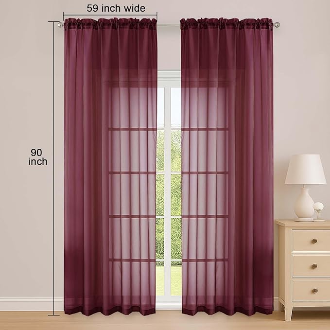 OWENIE Sheer Curtains 2 Panels Set for Bedroom Living Room, Soft Solid Rod Pocket Light Filtering Window Treatment, 2Pcs Each 59" W x 90" L, Burgundy Wine