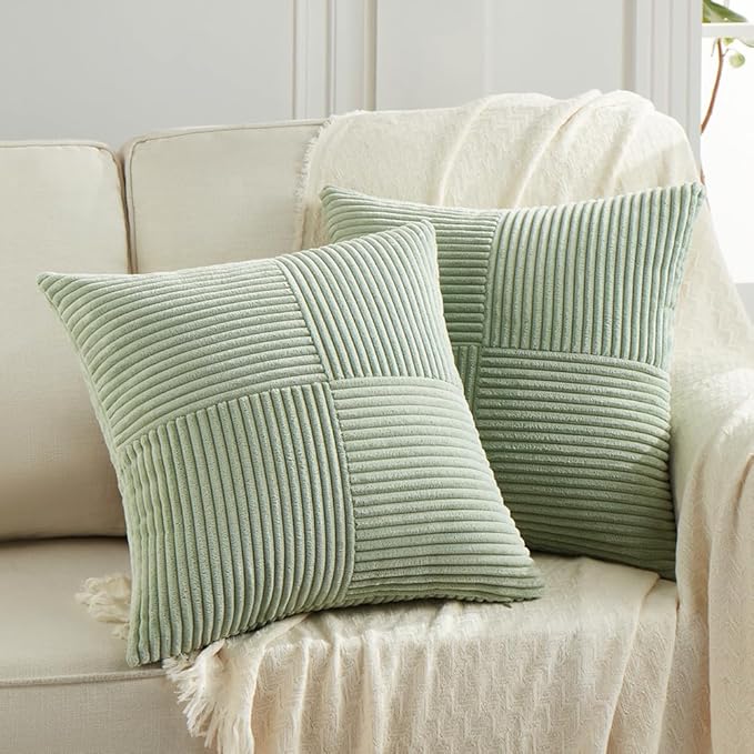 Fancy Homi 2 Packs Sage Green Euro Decorative Throw Pillow Covers 26x26 Inch for Bedroom Couch Bed, Farmhouse Boho Home Decor, Soft Corss Corduroy Patchwork Textured Square Cushion Case 66x66 cm
