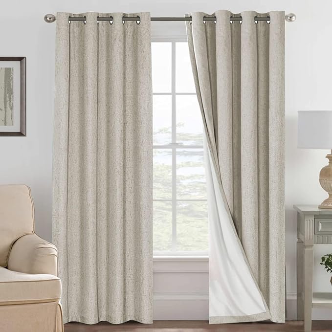 H.VERSAILTEX Linen Curtains 100% Blackout Curtains for Bedroom 90 inch Long Full Light Blocking Nature Linen Blended Window Curtains for Living Room Nickel Grommet (2 Panels, Cobblestone)