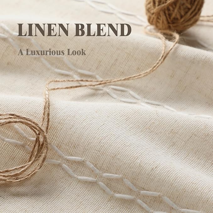 Boho Light Filtering Curtains 2 Panels 84 Inch for Living Room Bedroom, Beige Linen Texture Farmhouse Curtains with Tassels and Cotton Embroidery Vintage Rustic Western Rod Pocket