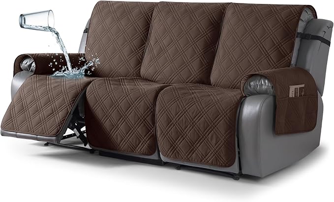 TAOCOCO 100% Waterproof Recliner Sofa Cover, Non Slip Split Couch Covers for Reclining Couches with Straps, Washable Reclining Sofa Cover Furniture Protector for Kids Pets(3 Seater, Dark Brown)