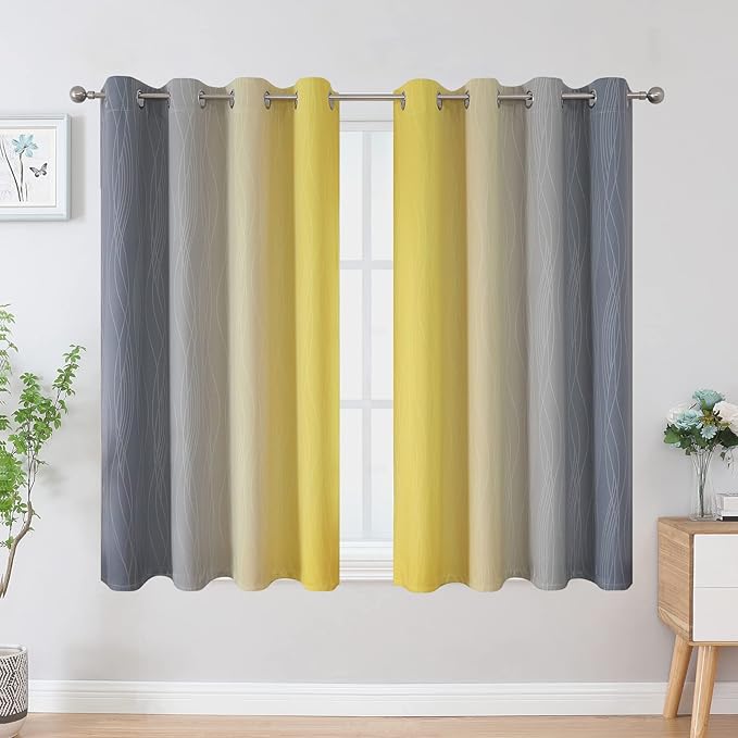 Ombre Gray and Yellow Blackout Curtains 54 Inch Length 2 panels, Full Room Darkening Curtains for Kids Room, Grommet Thermal Insulated Gradient Drapes, Light Blocking Curtains for Bedroom, 52x54 Inch