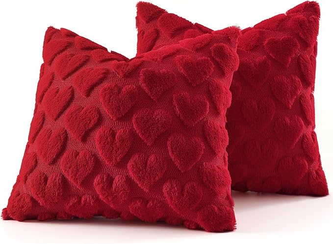 decorUhome Valentine’s Day Soft Plush Throw Pillow Covers 16x16 Inch Set of 2, Faux Fur Red Heart Decoration Neutral Square Pillow Covers for Couch Sofa Bed Cozy Farmhouse Holiday Decor