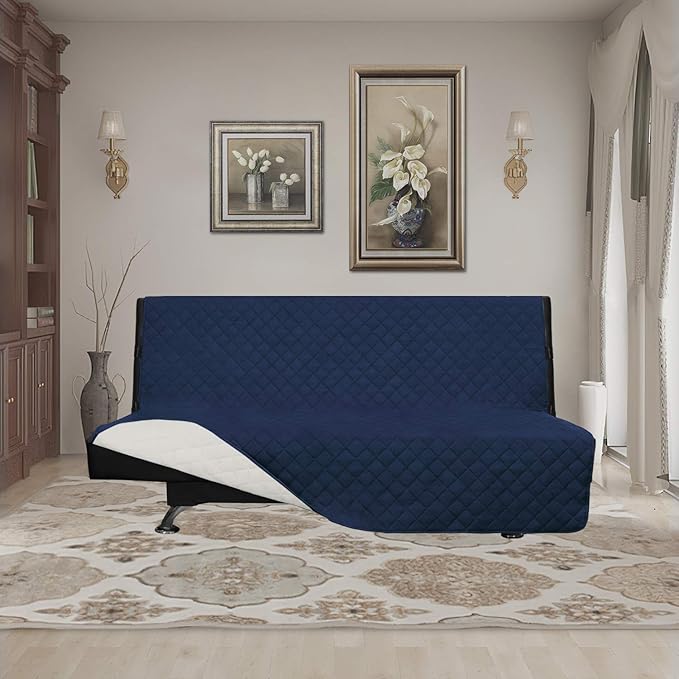 Easy-Going Futon Slipcover - Reversible Sofa Cover, Armless, Water Resistant - Protects Furniture from Pets & Kids (Navy/Ivory)