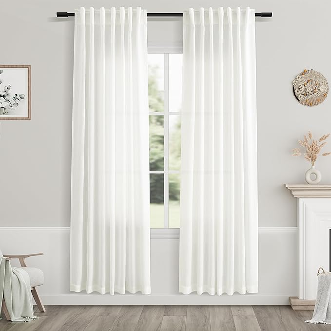 Nanspring Ivory Curtains 80 Inches Length for Living Room Back Tab Rod Pocket Semi Sheer Linen Drapes Muted Neutral Boho Off White Linen Textured Window Curtain for Dining Room 52X80 Inches