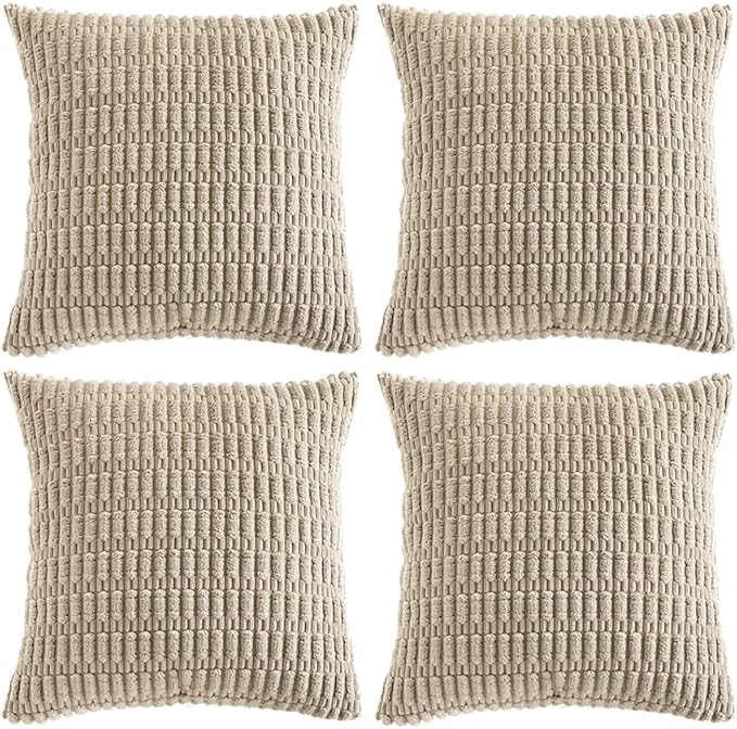 Fancy Homi 4 Packs Taupe Decorative Throw Pillow Covers 22x22 Inch for Living Room Couch Bed, Rustic Modern Farmhouse Boho Home Decor, Soft Plush Corduroy Cute Square Accent Cushion Case 55x55 cm