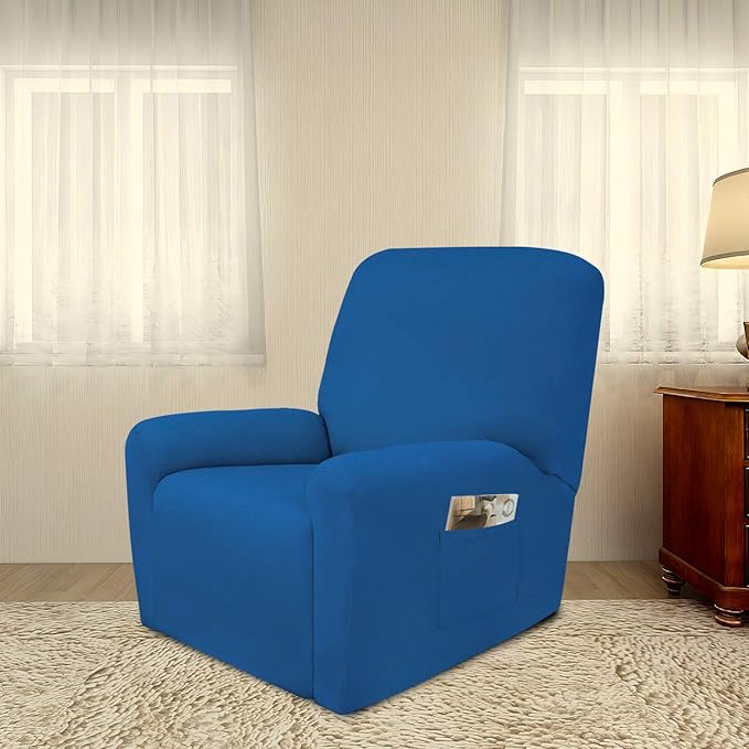 PureFit Super Stretch Chair Sofa Slipcover with Pocket – Spandex Non Slip Soft Couch Sofa Cover, Washable Furniture Protector with Elastic Bottom for Kids, Pets （Recliner, Classic Blue）