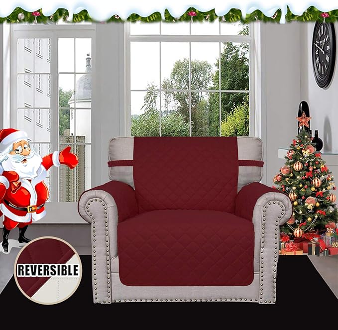 Easy-Going Chair Sofa Slipcover Reversible Sofa Cover Water Resistant Couch Cover Furniture Protector Cover with Elastic Straps for Pets Kids Children Dog Cat (Chair, Christmas Red/Ivory)