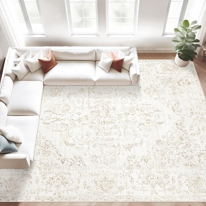 9x12 Area Rugs for Living Room:Washable Rug Vintage Large Rugs Soft Non Slip Low Pile Rug Floral Distressed Floor Carpet for Bedroom Dining Room Home Office (Beige,9'x12')