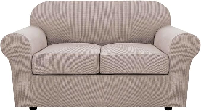 H.VERSAILTEX 3 Piece Stretch Sofa Covers for 2 Cushion Loveseat Couch Covers for Living Room Furniture Cover (Base Cover Plus 2 Seat Cushion Covers) Thicker Jacquard Fabric(Medium Sofa, Sand)