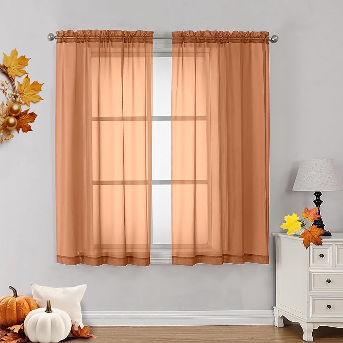 OVZME Orange Sheer Curtains 45 Inches Long 2 Panels, Light Filtering Sheer Curtains for Bedroom, Elegant Airy Draperies for Living Room Nursery Room, Dual Rod Pocket, Each 42Wx 45L