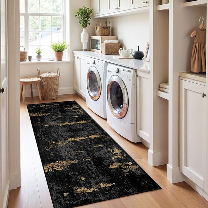 Washable Area Rugs 2'x6' Non-Slip Modern Abstract Soft for Living Room Entryway Bedroom Nursery, Print Pattern, Dark Black Gold