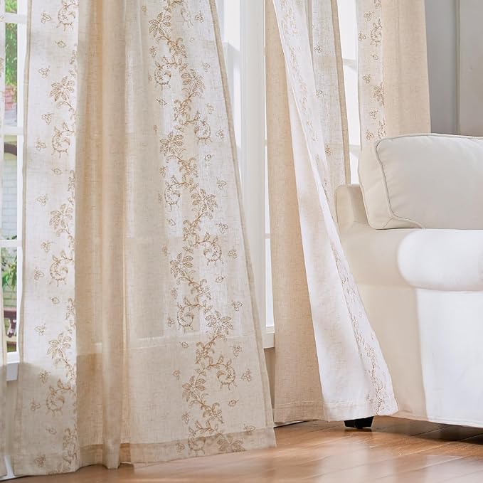 jinchan Evelyn Embroidered Linen Curtains for Living Room Farmhouse Floral Curtains for Bedroom Semi Sheer Light Filtering Window Drapes Rod Pocket Back Tab 2 Panels W50 x L96 Beige