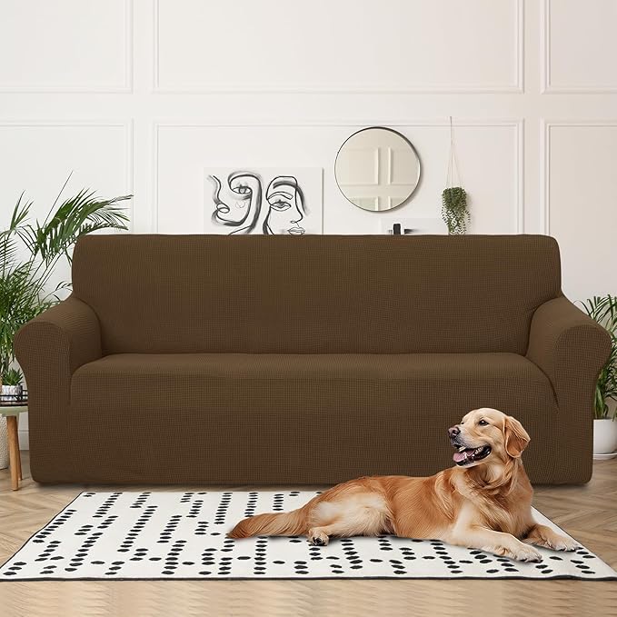 U-NICE HOME 4 Seater Stretch Couch Cover Sofa Cover Washable Sofa Slipcover Furniture Protector for 3 Cushion Couch Sofa Pet Friendly, Brown