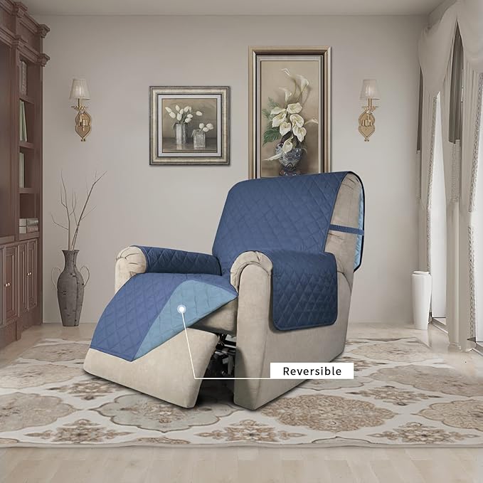 Easy-Going Recliner Chair Slipcover Reversible Sofa Cover Water Resistant Couch Cover Furniture Protector with Elastic Straps for Pets Dog (Recliner 22 inch, Dark Blue/Light Blue)